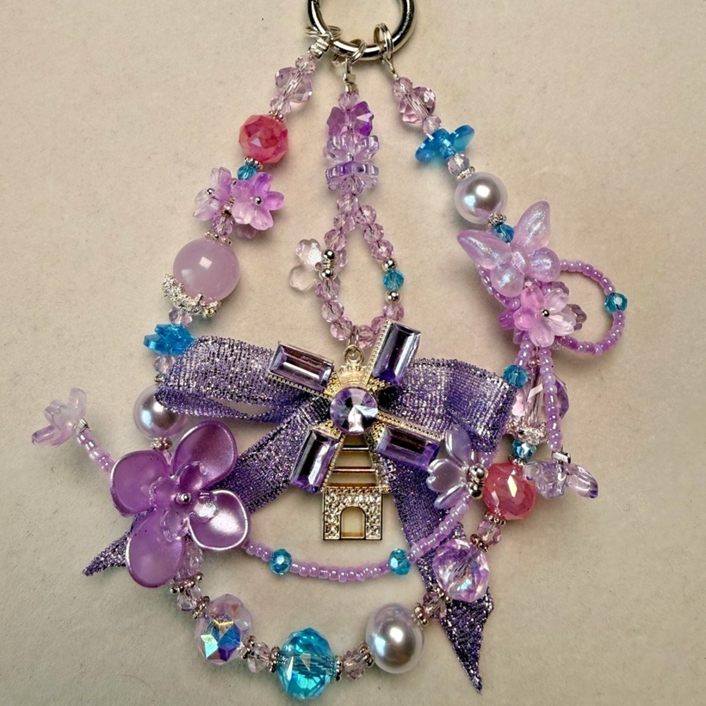 Windmill Fidget Spinner Purple Beaded Wristlet Glow Phone Strap Bag Handmade